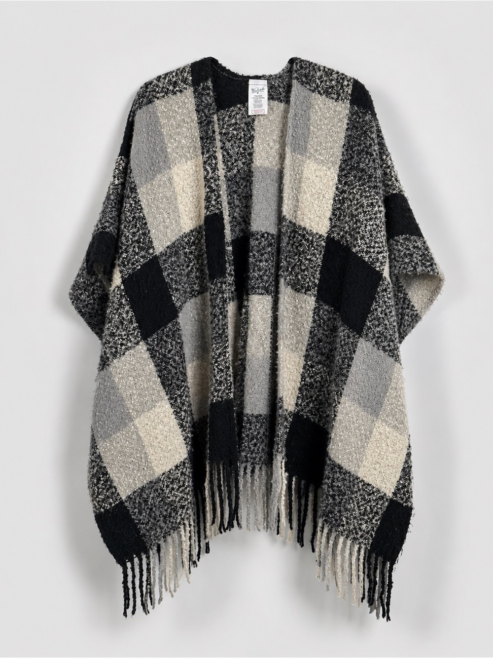Woolrich Bouclé Plaid Fringe Wrap Poncho One Size Black Gray Cream Warm Boho